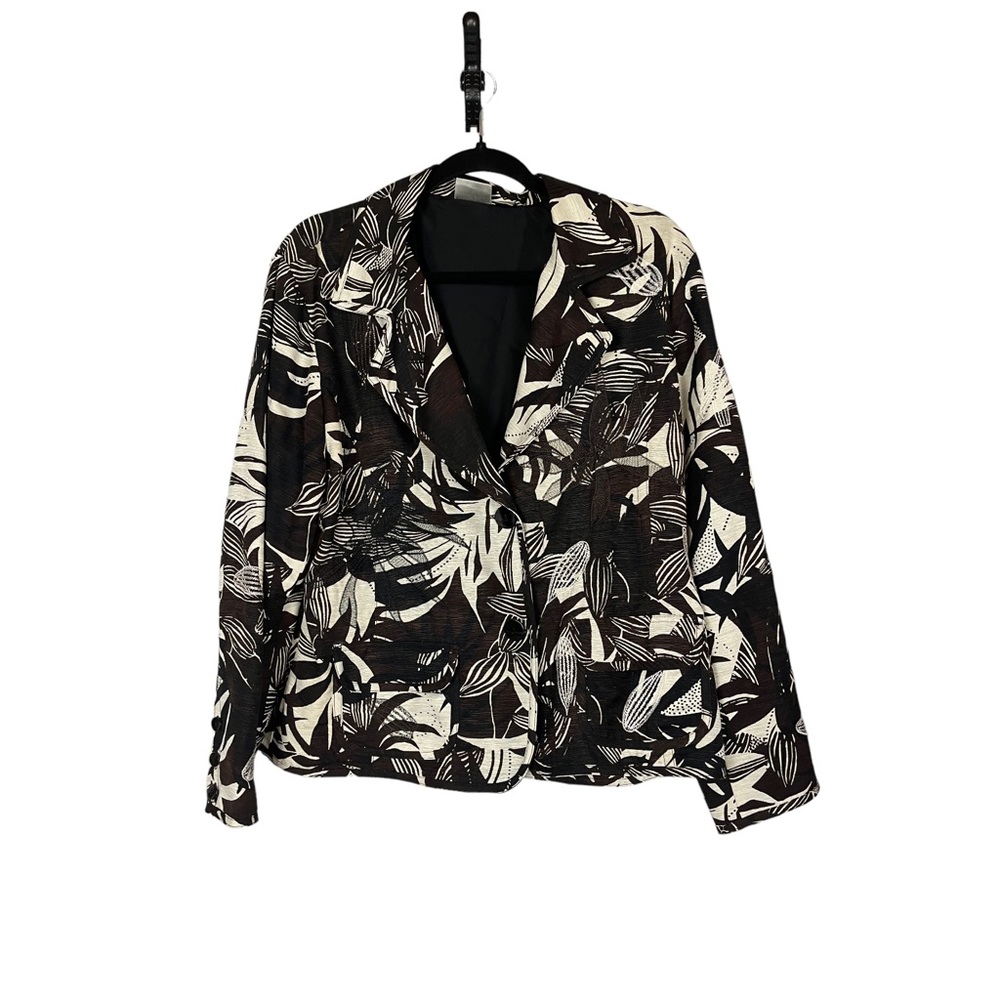 Chico's Jacket Sz 2 US12 L 100% Silk Black Brown Cream Fully Lined Embroidered